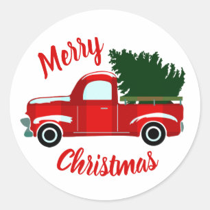 Sticker Rond Camion de Noël Rouge Fête de Noël Rustique