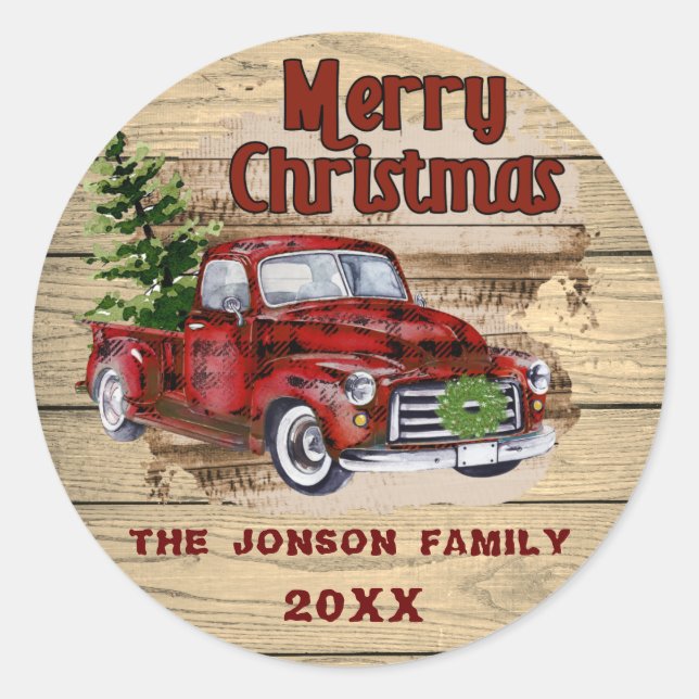 Sticker Rond Camion de Noël rustique classique rétro (Devant)