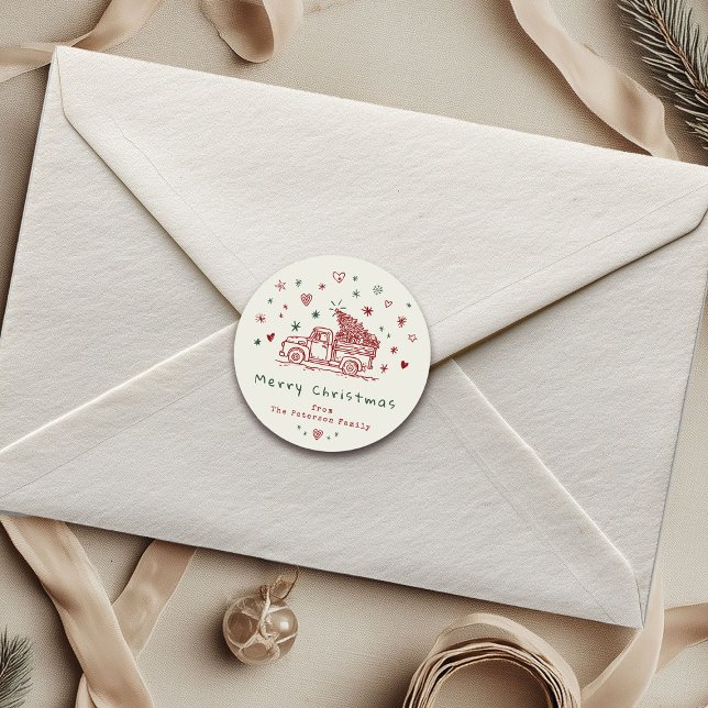 Sticker Rond Camion de Noël Whimsical Retro Rouge et Vert (Créateur téléchargé)