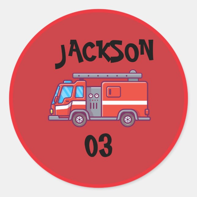 Sticker Rond Camion de pompiers Fête Anniversaire Classique (Devant)