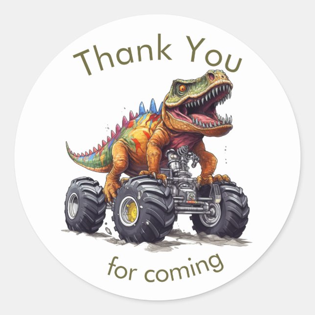 Sticker Rond Camion Dinosaur T-Rex Monster, Merci (Devant)