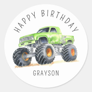 Sticker Rond Camion Monster Vert Personnalisé Cadeau Anniversai