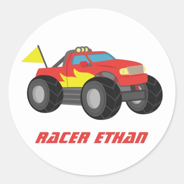 Sticker Rond Camion Monstre Rouge de Course, pour Garçons (Devant)