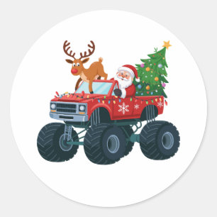 Sticker Rond Camion Monstre Santa Renne Arbre de Noël Xmas