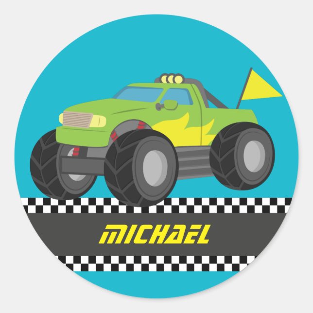 Sticker Rond Camion monstre vert de course Cool pour garçons co (Devant)