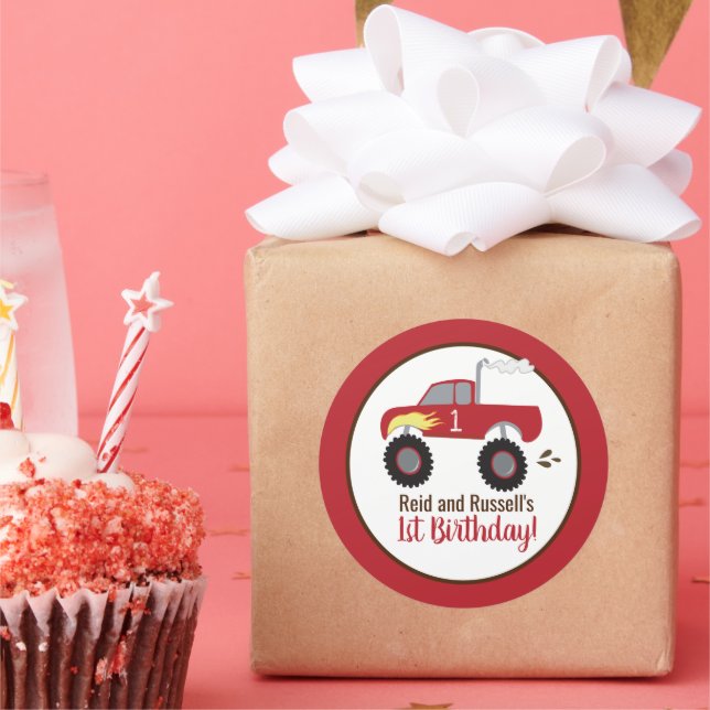 Sticker Rond Camion Red Monster Anniversaire Favoriser (Fête)