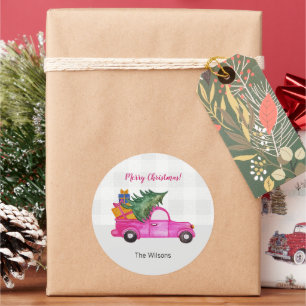 Sticker Rond Camion rose de Noël avec arbre et voeux