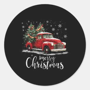 Sticker Rond Camion Rouge Ancien Arbre de Noël Joyeux Noël Drôl