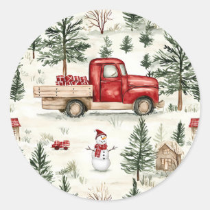 Sticker Rond Camion rouge avec cadeaux et bonhomme de neige