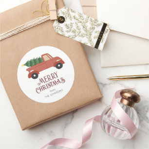 Sticker Rond Camion rouge avec sapin de Noël