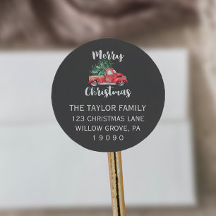 Sticker Rond Camion rouge et arbre   Adresse de retour de Noël 