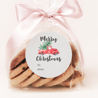 Sticker Rond Camion rouge et arbre Noël Nom du cadeau