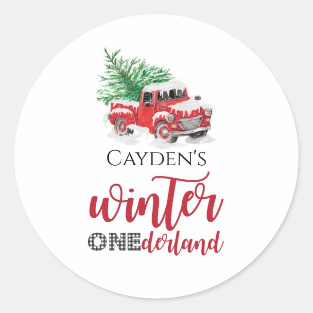 Sticker Rond Camion Rouge Hiver Onederland Premier anniversaire (Devant)