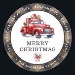 Sticker Rond Camion rouge Plaid Christmas Retours Adresse Étiqu<br><div class="desc">Créez de belles étiquettes d'adresse de retour de Noël avec un camion rouge aquarelle à l'intérieur d'un cadre en plastique de buffle kaki. Personnalisez facilement ces kaki à damiers étiquettes de Noël avec votre nom et adresse.</div>