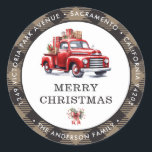 Sticker Rond Camion rouge Plaid Christmas Retours Adresse Étiqu<br><div class="desc">Créez de belles étiquettes d'adresse de retour de Noël avec un camion rouge aquarelle à l'intérieur d'un cadre en plastique de buffle kaki. Personnalisez facilement ces kaki à damiers étiquettes de Noël avec votre nom et adresse.</div>