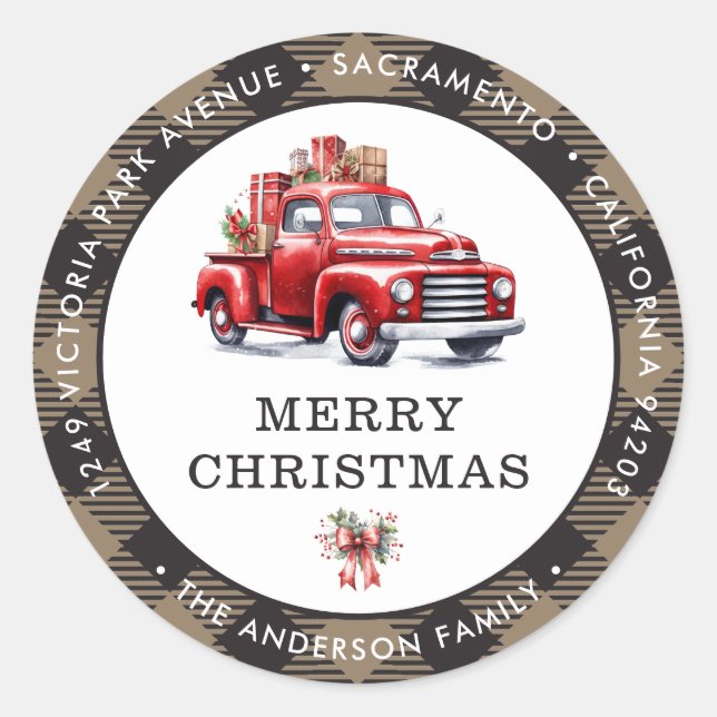 Sticker Rond Camion rouge Plaid Christmas Retours Adresse Étiqu (Devant)
