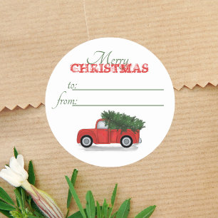 Sticker Rond Camion Rouge Rustique Noël Arbre De À Cadeau Migno