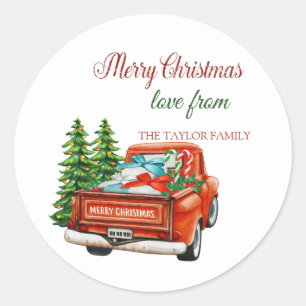 Sticker Rond Camion Rouge Sapin Joyeux Noël