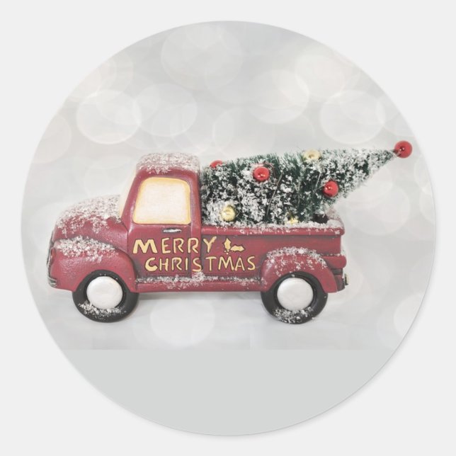Sticker Rond Camion Rouge Vieux Avec Arbre De Noël (Devant)