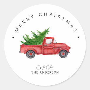 Sticker Rond Camion Russe Rouge Aquarelle Avec Arbre De Noël