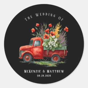 Sticker Rond Camion vintage avec Mariage Red Poppies