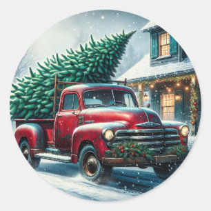 Sticker Rond Camion vintage avec sapin de Noël