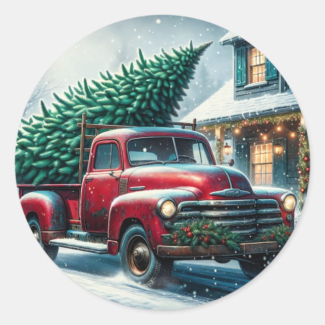 Sticker Rond Camion vintage avec sapin de Noël (Devant)