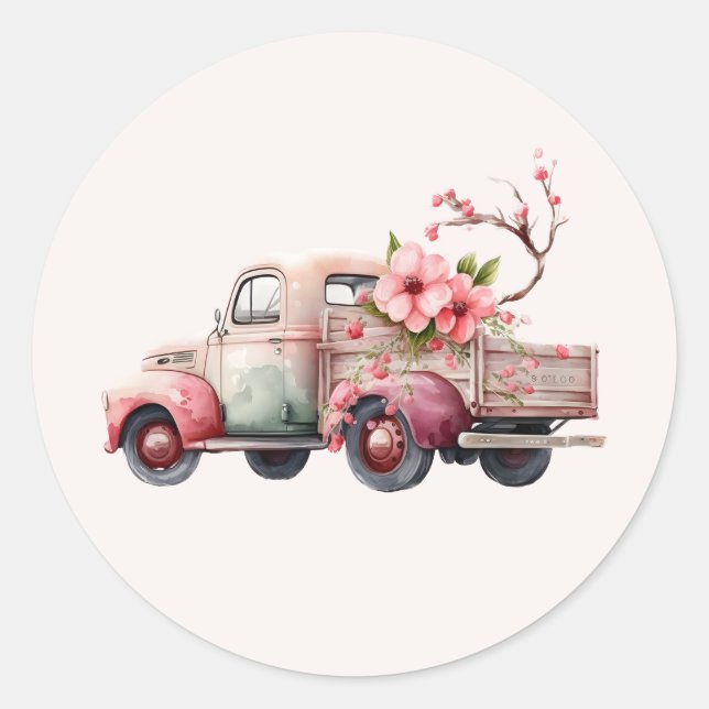 Sticker Rond Camion Vintage rose (Devant)