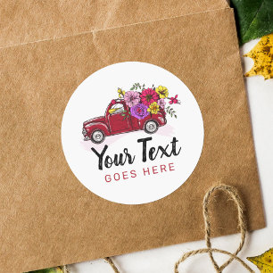Sticker Rond Camion Vintage Rouge & Fleurs Cute Country Floral