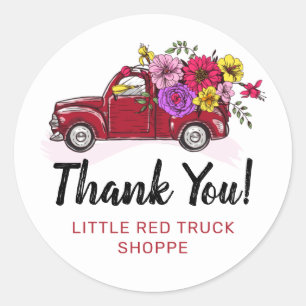 Sticker Rond Camion Vintage rouge & Fleurs Cute Country Merci