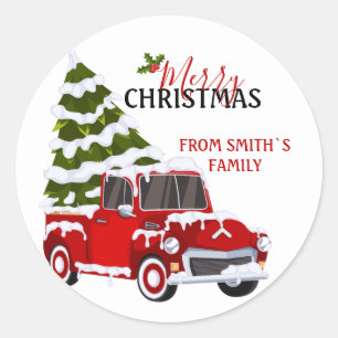 Sticker Rond Camionnette rouge personnalisée Noël Famille