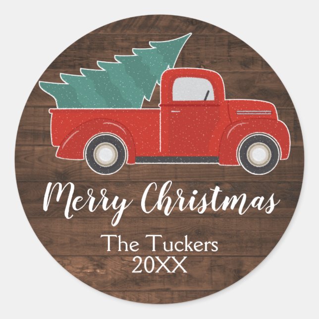 Sticker Rond Camionnette Rouge Rustique avec Sapin de Noël (Devant)