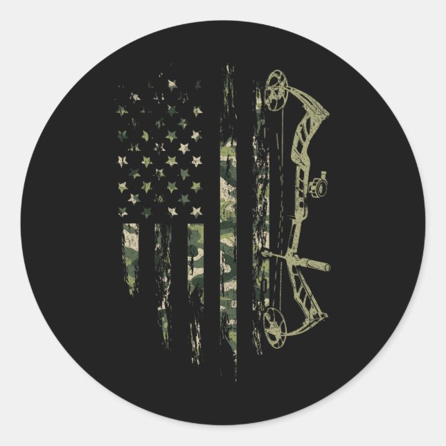 Sticker Rond Camo American Drapeau Bowhuning Bow Archery Deer H (Devant)