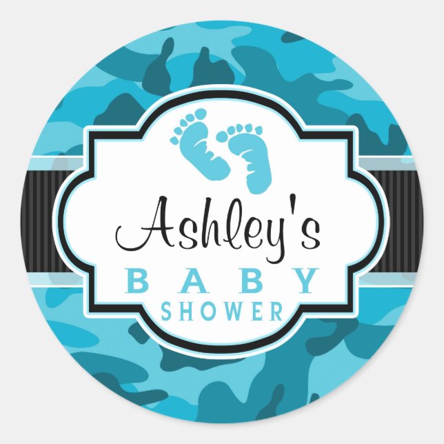 Sticker Rond Camo Bleu, Baby shower Camouflage (Devant)