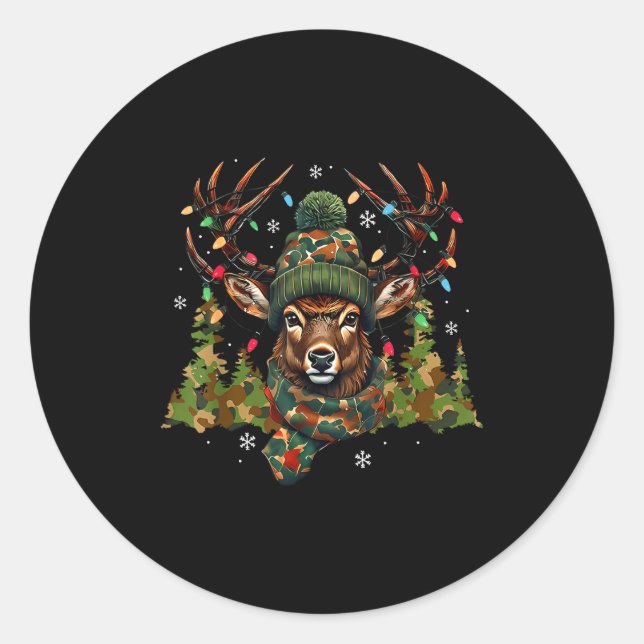 Sticker Rond Camo Hunting Reindeer Deer Xmas Lights Christmas H (Devant)