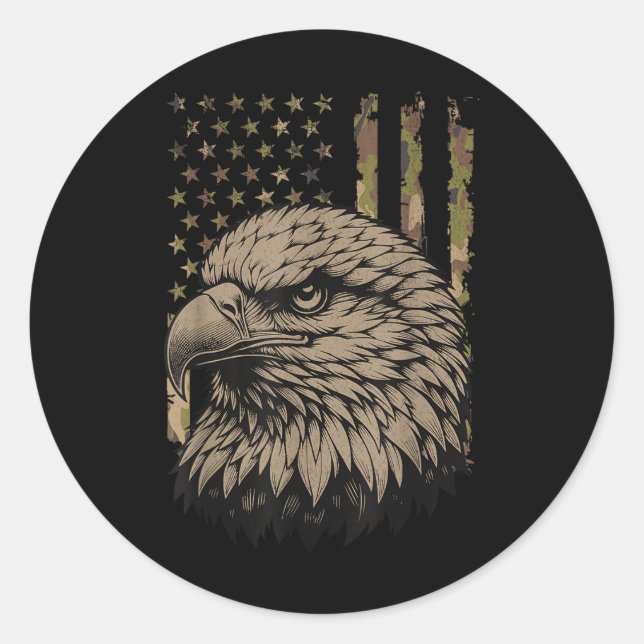 Sticker Rond Camo Patriotique Bald Eagle Grunge Drapeau América (Devant)