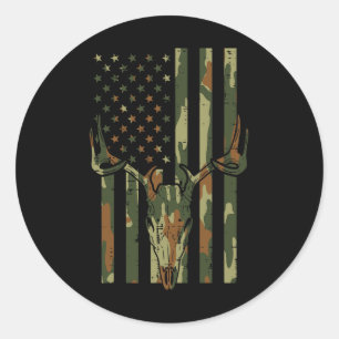 Sticker Rond Camo Us Drapeau Cerf Crâne Chasse Vintage Patrioti