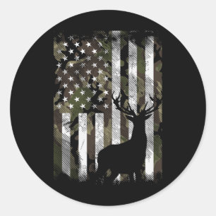 Sticker Rond Camo Us Drapeau Cerf Elk Buck Camoflage Chasse Cha