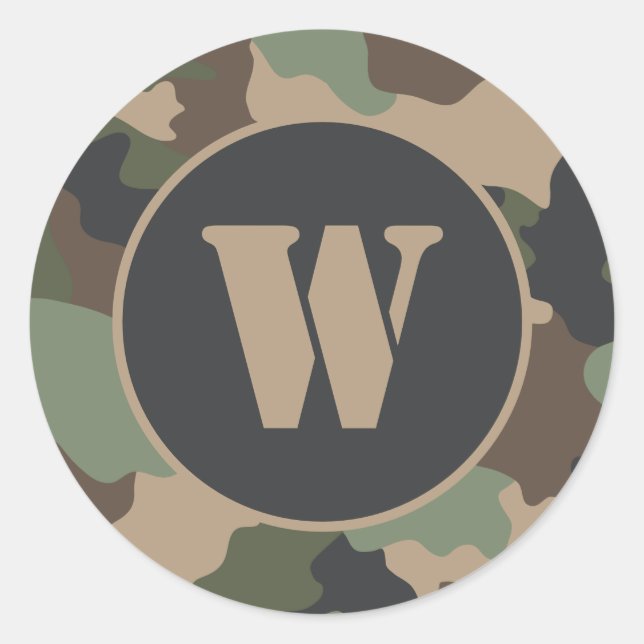 Sticker Rond Camouflage Bois Camo Kaki Tan Noir Monogramme (Devant)