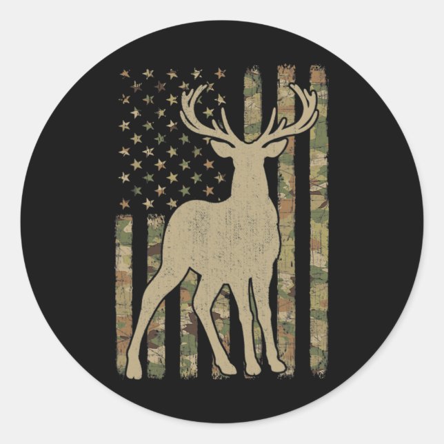 Sticker Rond Camouflage Drapeau Américain Chasseur de Deer Chas (Devant)