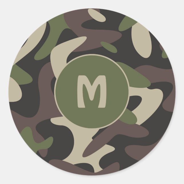 Sticker Rond Camouflage militaire Vert Motif Brown Monogramme (Devant)