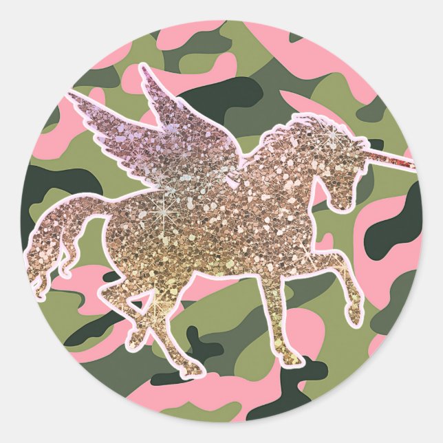 Sticker Rond Camouflage rose vert & Parties scintillant or Unic (Devant)