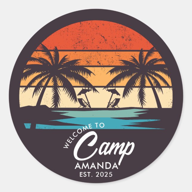 Sticker Rond Camp de plage personnalisé pour enterrement de vie (Devant)