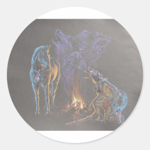 Sticker Rond Camp Fire Amérindien Guerrier