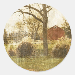 Sticker Rond Campagne primitive Arbre Ferme Cabine rouge dans l