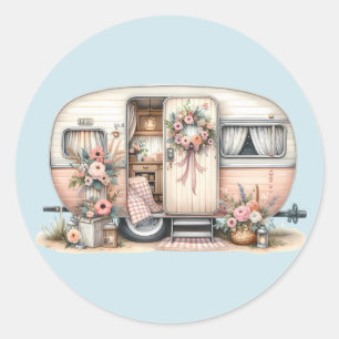 Sticker Rond Camper Boho avec couronne florale et pastels rose
