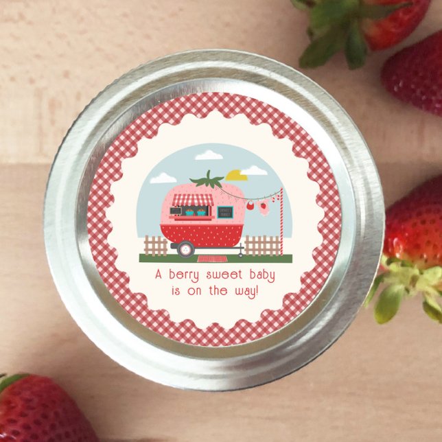 Sticker Rond Camper fraise En vichy Berry Baby shower sucré (Créateur téléchargé)