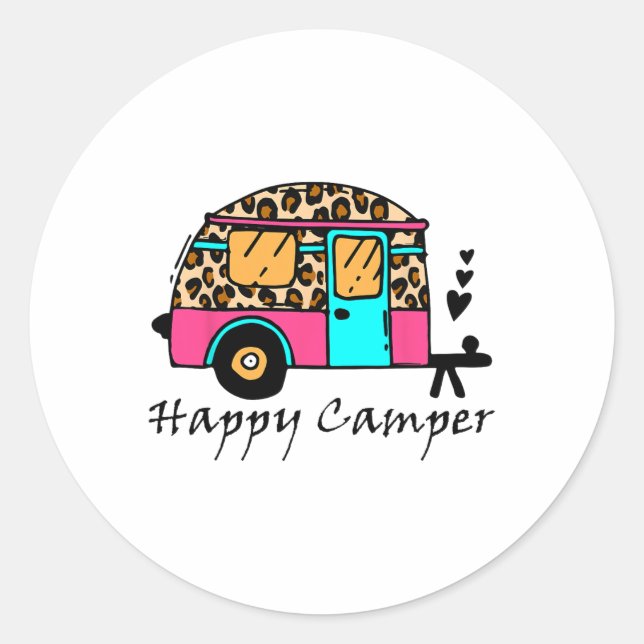 Sticker Rond Camper Happy Camp d'été Camping Léopard Drôle Gla (Devant)