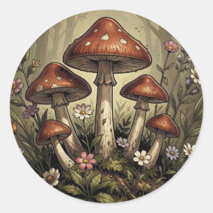 Sticker Rond Camper Rétro, Champignons, Ruisseau et Fleurs