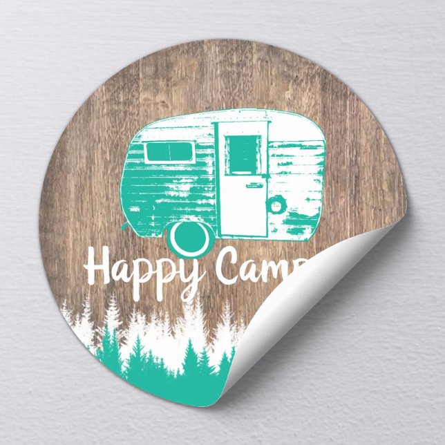 Sticker Rond Camping Fun Happy Camper Forêt rustique (Créateur téléchargé)